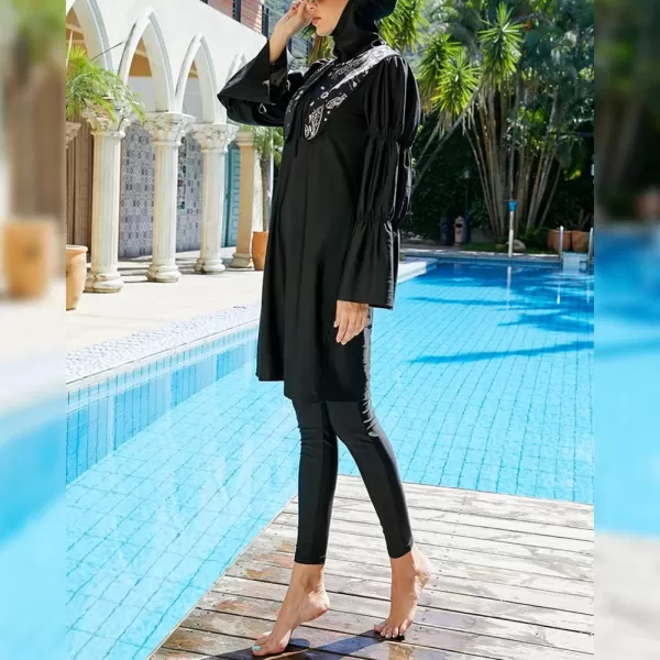 Muslim Swimsuits for Women Modest Islamic Arabic Swimwear Burkini Full Cover Hijab Top Pants Swimming Cap Bathing SuitsBlack  Bell Sleeve