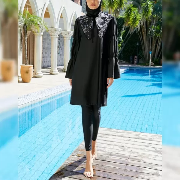 Muslim Swimsuits for Women Modest Islamic Arabic Swimwear Burkini Full Cover Hijab Top Pants Swimming Cap Bathing SuitsBlack  Bell Sleeve