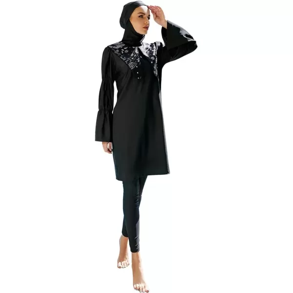 Muslim Swimsuits for Women Modest Islamic Arabic Swimwear Burkini Full Cover Hijab Top Pants Swimming Cap Bathing SuitsBlack  Bell Sleeve