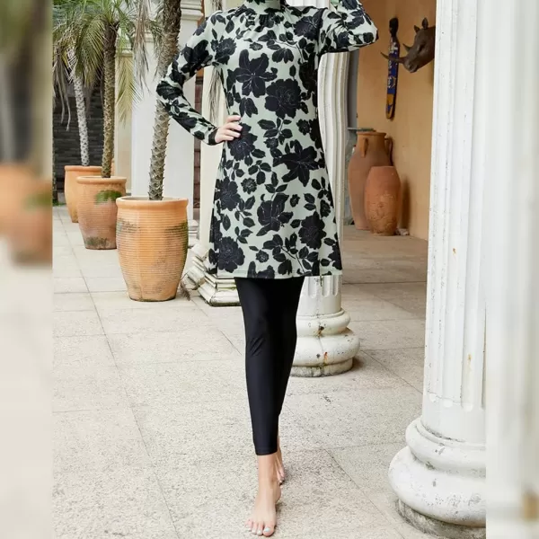 Muslim Swimsuits for Women Modest Islamic Arabic Swimwear Burkini Full Cover Hijab Top Pants Swimming Cap Bathing SuitsBlack  Green Floral