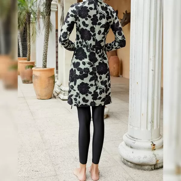 Muslim Swimsuits for Women Modest Islamic Arabic Swimwear Burkini Full Cover Hijab Top Pants Swimming Cap Bathing SuitsBlack  Green Floral