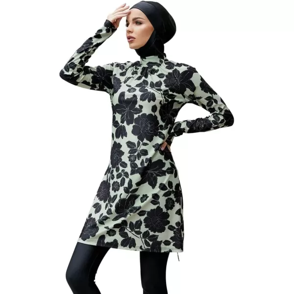 Muslim Swimsuits for Women Modest Islamic Arabic Swimwear Burkini Full Cover Hijab Top Pants Swimming Cap Bathing SuitsBlack  Green Floral