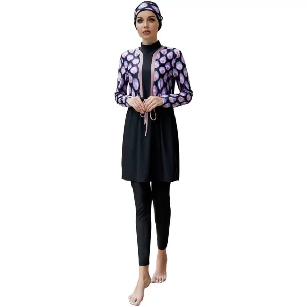 Muslim Swimsuits for Women Modest Islamic Arabic Swimwear Burkini Full Cover Hijab Top Pants Swimming Cap Bathing SuitsBlack  Purple