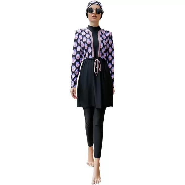 Muslim Swimsuits for Women Modest Islamic Arabic Swimwear Burkini Full Cover Hijab Top Pants Swimming Cap Bathing SuitsBlack  Purple