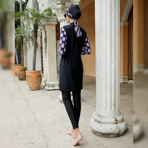 Muslim Swimsuits for Women Modest Islamic Arabic Swimwear Burkini Full Cover Hijab Top Pants Swimming Cap Bathing SuitsBlack  Purple