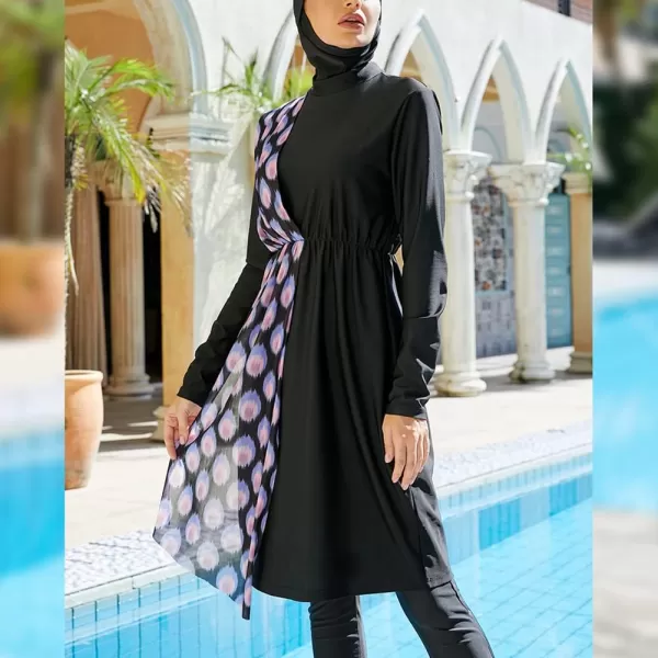 Muslim Swimsuits for Women Modest Islamic Arabic Swimwear Burkini Full Cover Hijab Top Pants Swimming Cap Bathing SuitsBlack  Purple Long