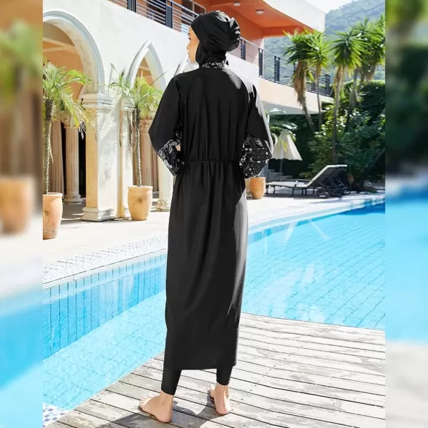 Muslim Swimsuits for Women Modest Islamic Arabic Swimwear Burkini Full Cover Hijab Top Pants Swimming Cap Bathing SuitsBlack  Split Hem