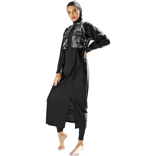 Muslim Swimsuits for Women Modest Islamic Arabic Swimwear Burkini Full Cover Hijab Top Pants Swimming Cap Bathing SuitsBlack  Split Hem
