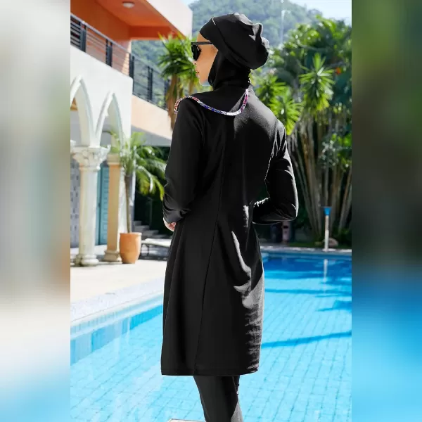 Muslim Swimsuits for Women Modest Islamic Arabic Swimwear Burkini Full Cover Hijab Top Pants Swimming Cap Bathing SuitsBlack