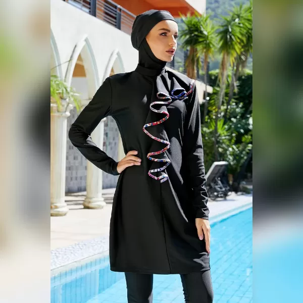 Muslim Swimsuits for Women Modest Islamic Arabic Swimwear Burkini Full Cover Hijab Top Pants Swimming Cap Bathing SuitsBlack