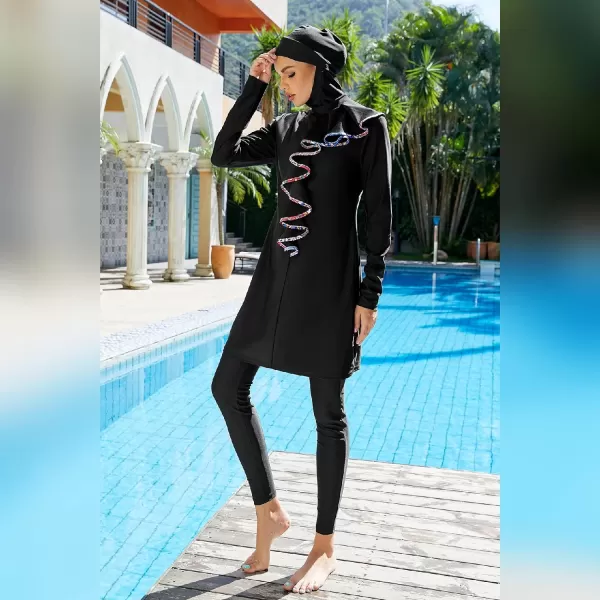 Muslim Swimsuits for Women Modest Islamic Arabic Swimwear Burkini Full Cover Hijab Top Pants Swimming Cap Bathing SuitsBlack