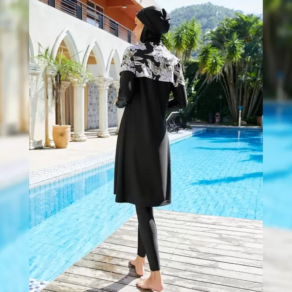 Muslim Swimsuits for Women Modest Islamic Arabic Swimwear Burkini Full Cover Hijab Top Pants Swimming Cap Bathing SuitsBlack Floral  Cape
