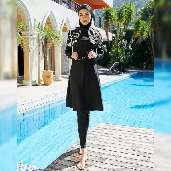 Muslim Swimsuits for Women Modest Islamic Arabic Swimwear Burkini Full Cover Hijab Top Pants Swimming Cap Bathing SuitsBlack Floral  Cape