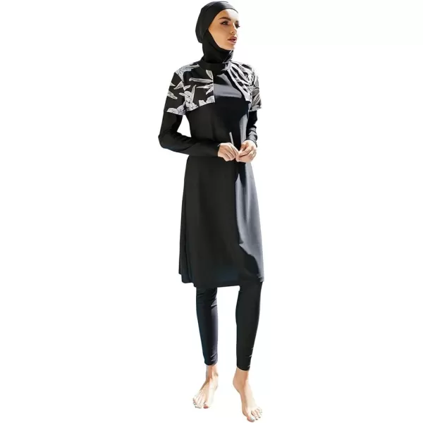 Muslim Swimsuits for Women Modest Islamic Arabic Swimwear Burkini Full Cover Hijab Top Pants Swimming Cap Bathing SuitsBlack Floral  Cape