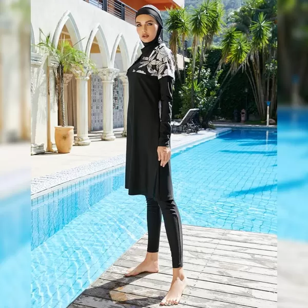 Muslim Swimsuits for Women Modest Islamic Arabic Swimwear Burkini Full Cover Hijab Top Pants Swimming Cap Bathing SuitsBlack Floral  Cape