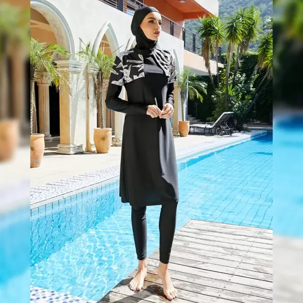 Muslim Swimsuits for Women Modest Islamic Arabic Swimwear Burkini Full Cover Hijab Top Pants Swimming Cap Bathing SuitsBlack Floral  Cape