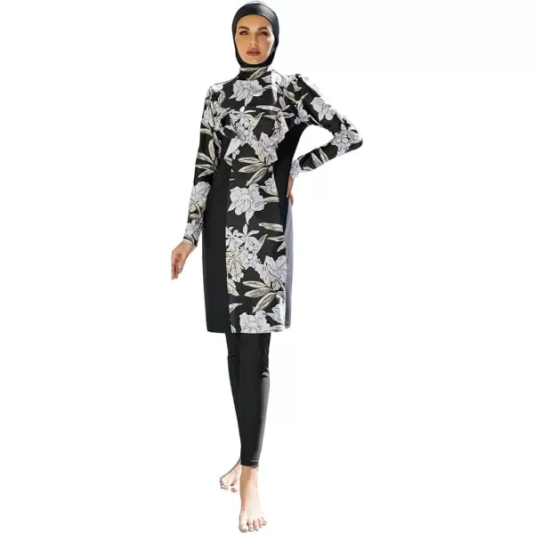 Muslim Swimsuits for Women Modest Islamic Arabic Swimwear Burkini Full Cover Hijab Top Pants Swimming Cap Bathing SuitsBlack Floral  Long