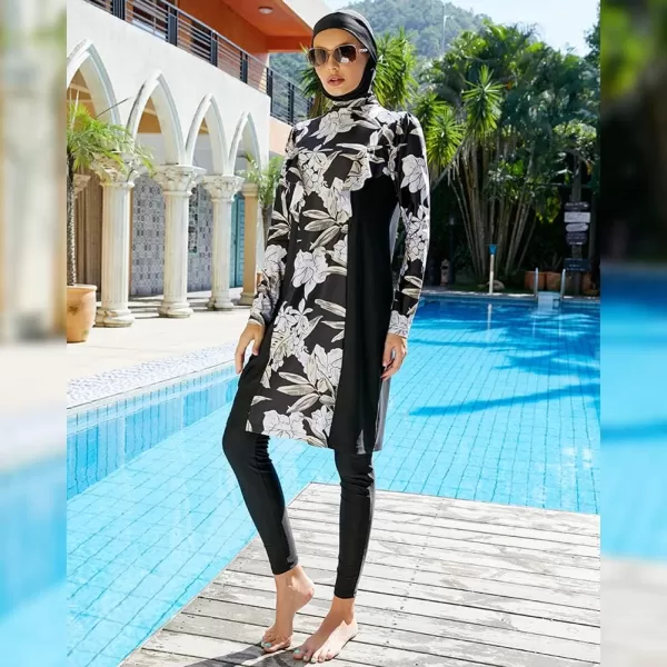 Muslim Swimsuits for Women Modest Islamic Arabic Swimwear Burkini Full Cover Hijab Top Pants Swimming Cap Bathing SuitsBlack Floral  Long