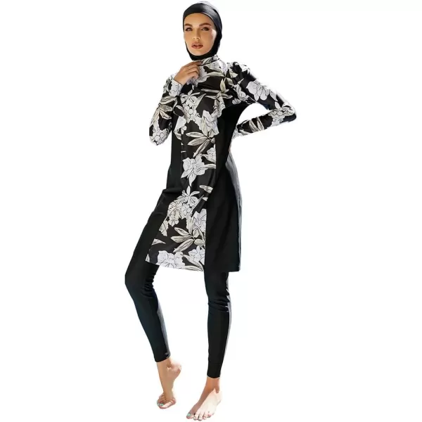 Muslim Swimsuits for Women Modest Islamic Arabic Swimwear Burkini Full Cover Hijab Top Pants Swimming Cap Bathing SuitsBlack Floral  Long