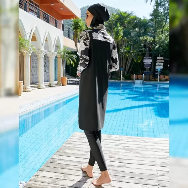 Muslim Swimsuits for Women Modest Islamic Arabic Swimwear Burkini Full Cover Hijab Top Pants Swimming Cap Bathing SuitsBlack Floral  Long