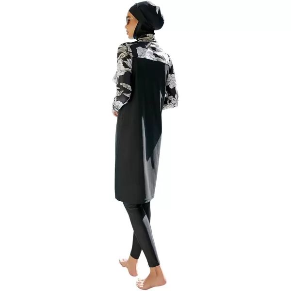 Muslim Swimsuits for Women Modest Islamic Arabic Swimwear Burkini Full Cover Hijab Top Pants Swimming Cap Bathing SuitsBlack Floral  Long
