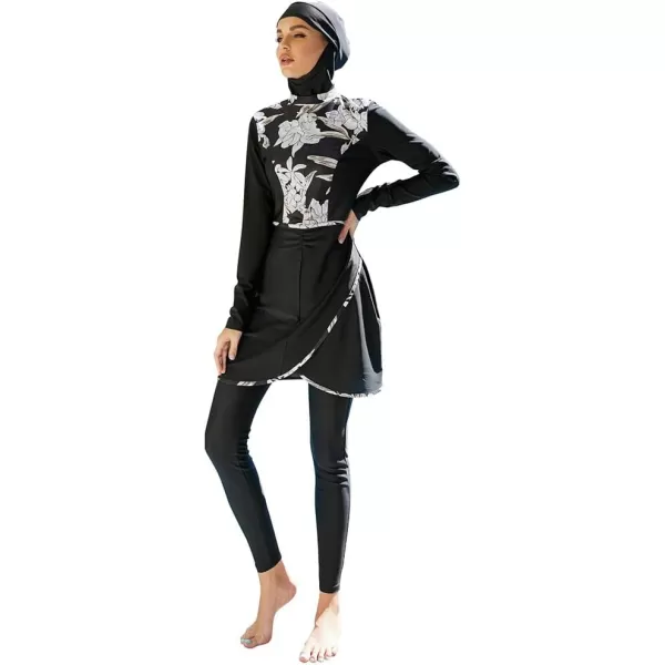 Muslim Swimsuits for Women Modest Islamic Arabic Swimwear Burkini Full Cover Hijab Top Pants Swimming Cap Bathing SuitsBlack Floral  Skirt Hem