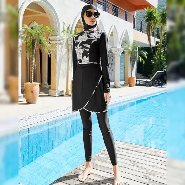 Muslim Swimsuits for Women Modest Islamic Arabic Swimwear Burkini Full Cover Hijab Top Pants Swimming Cap Bathing SuitsBlack Floral  Skirt Hem