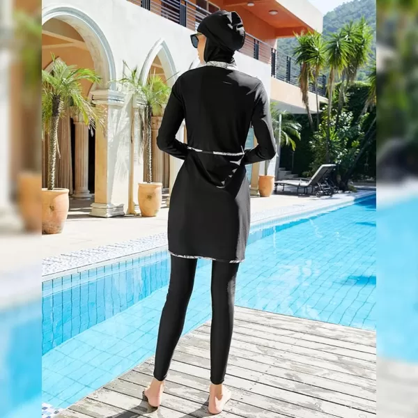 Muslim Swimsuits for Women Modest Islamic Arabic Swimwear Burkini Full Cover Hijab Top Pants Swimming Cap Bathing SuitsBlack Floral  Skirt Hem