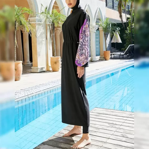 Muslim Swimsuits for Women Modest Islamic Arabic Swimwear Burkini Full Cover Hijab Top Pants Swimming Cap Bathing SuitsBlack Floral