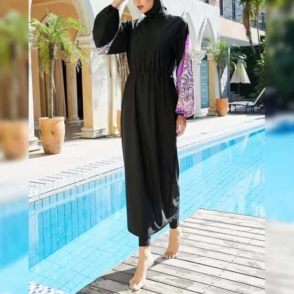 Muslim Swimsuits for Women Modest Islamic Arabic Swimwear Burkini Full Cover Hijab Top Pants Swimming Cap Bathing SuitsBlack Floral