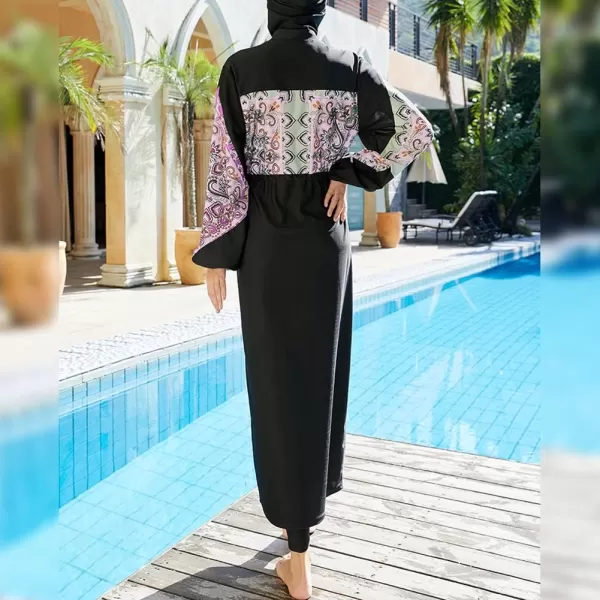 Muslim Swimsuits for Women Modest Islamic Arabic Swimwear Burkini Full Cover Hijab Top Pants Swimming Cap Bathing SuitsBlack Floral