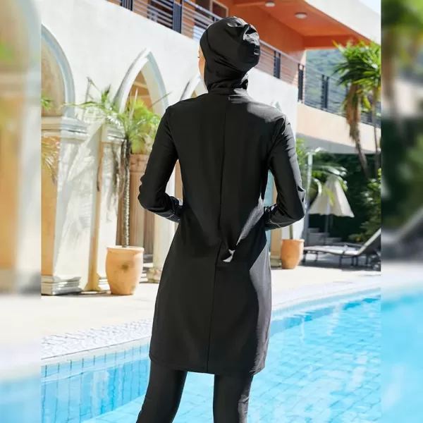 Muslim Swimsuits for Women Modest Islamic Arabic Swimwear Burkini Full Cover Hijab Top Pants Swimming Cap Bathing SuitsBlack Flower