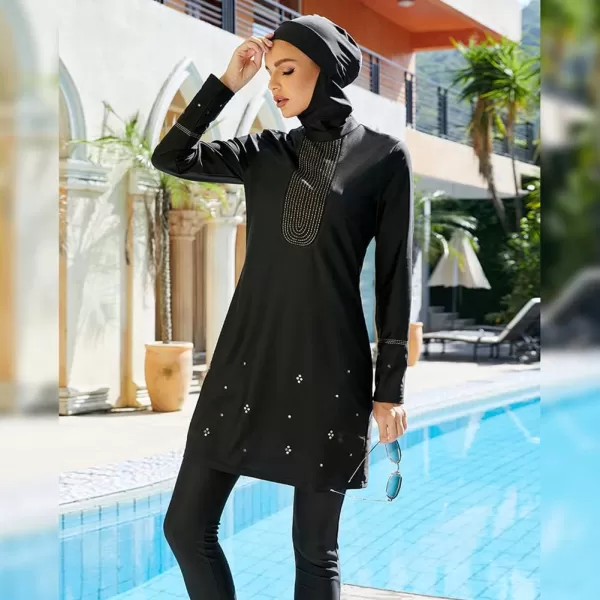 Muslim Swimsuits for Women Modest Islamic Arabic Swimwear Burkini Full Cover Hijab Top Pants Swimming Cap Bathing SuitsBlack Flower