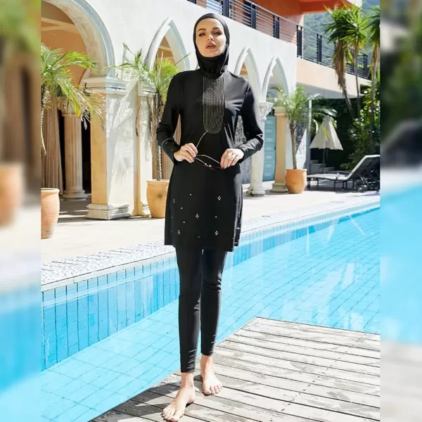Muslim Swimsuits for Women Modest Islamic Arabic Swimwear Burkini Full Cover Hijab Top Pants Swimming Cap Bathing SuitsBlack Flower