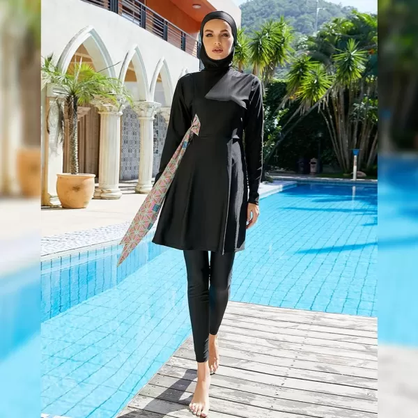 Muslim Swimsuits for Women Modest Islamic Arabic Swimwear Burkini Full Cover Hijab Top Pants Swimming Cap Bathing SuitsBlack Straps