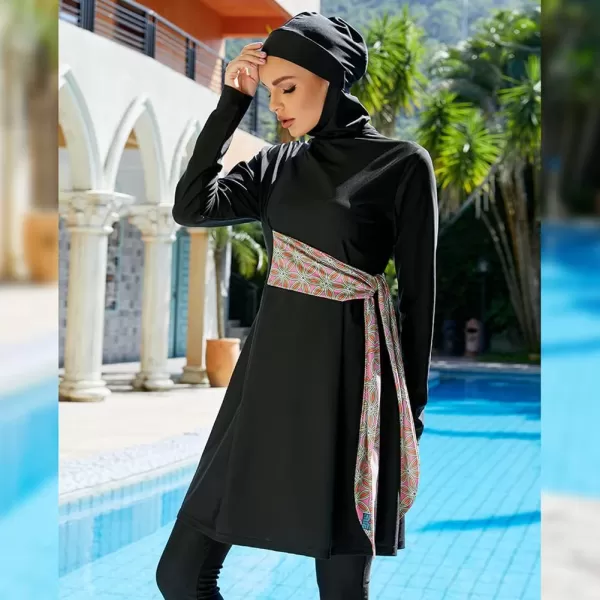 Muslim Swimsuits for Women Modest Islamic Arabic Swimwear Burkini Full Cover Hijab Top Pants Swimming Cap Bathing SuitsBlack Straps