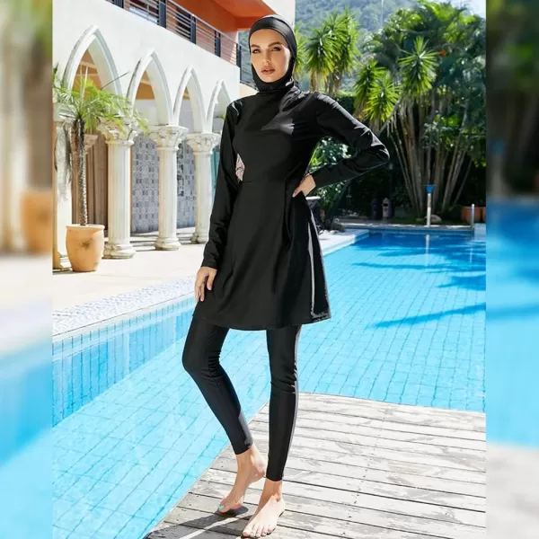 Muslim Swimsuits for Women Modest Islamic Arabic Swimwear Burkini Full Cover Hijab Top Pants Swimming Cap Bathing SuitsBlack Straps