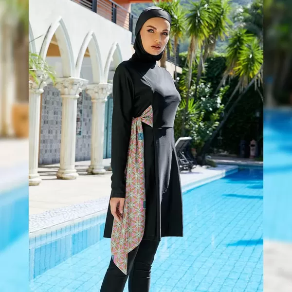 Muslim Swimsuits for Women Modest Islamic Arabic Swimwear Burkini Full Cover Hijab Top Pants Swimming Cap Bathing SuitsBlack Straps