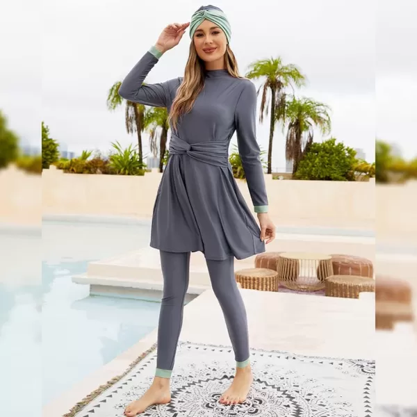 Muslim Swimsuits for Women Modest Islamic Arabic Swimwear Burkini Full Cover Hijab Top Pants Swimming Cap Bathing SuitsGray  Knot Front