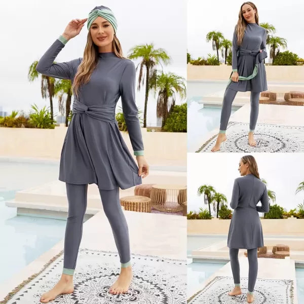 Muslim Swimsuits for Women Modest Islamic Arabic Swimwear Burkini Full Cover Hijab Top Pants Swimming Cap Bathing SuitsGray  Knot Front