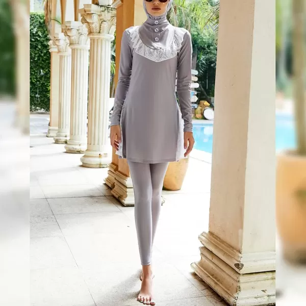 Muslim Swimsuits for Women Modest Islamic Arabic Swimwear Burkini Full Cover Hijab Top Pants Swimming Cap Bathing SuitsGray