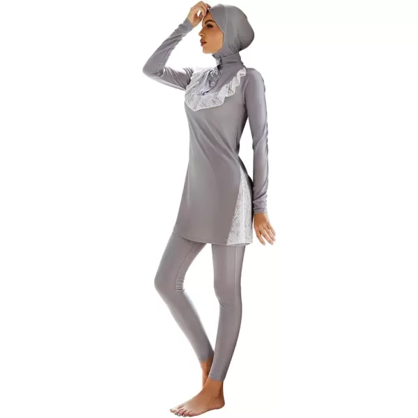 Muslim Swimsuits for Women Modest Islamic Arabic Swimwear Burkini Full Cover Hijab Top Pants Swimming Cap Bathing SuitsGray