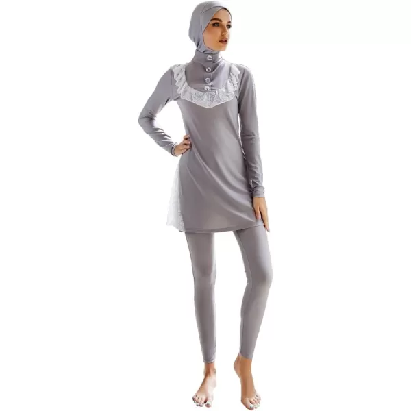 Muslim Swimsuits for Women Modest Islamic Arabic Swimwear Burkini Full Cover Hijab Top Pants Swimming Cap Bathing SuitsGray