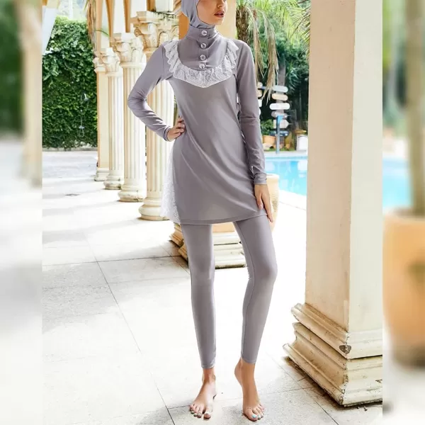 Muslim Swimsuits for Women Modest Islamic Arabic Swimwear Burkini Full Cover Hijab Top Pants Swimming Cap Bathing SuitsGray