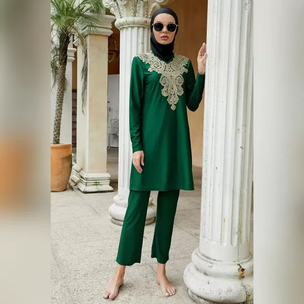 Muslim Swimsuits for Women Modest Islamic Arabic Swimwear Burkini Full Cover Hijab Top Pants Swimming Cap Bathing SuitsGreen