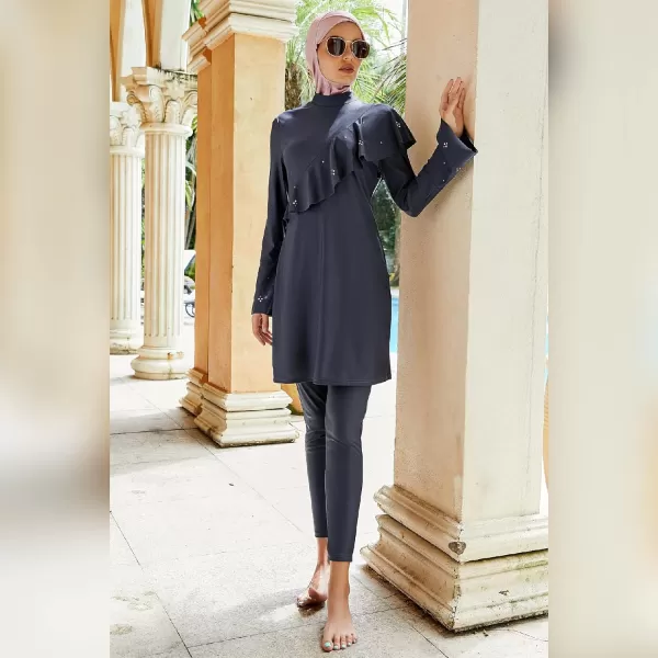 Muslim Swimsuits for Women Modest Islamic Arabic Swimwear Burkini Full Cover Hijab Top Pants Swimming Cap Bathing SuitsGreyblue