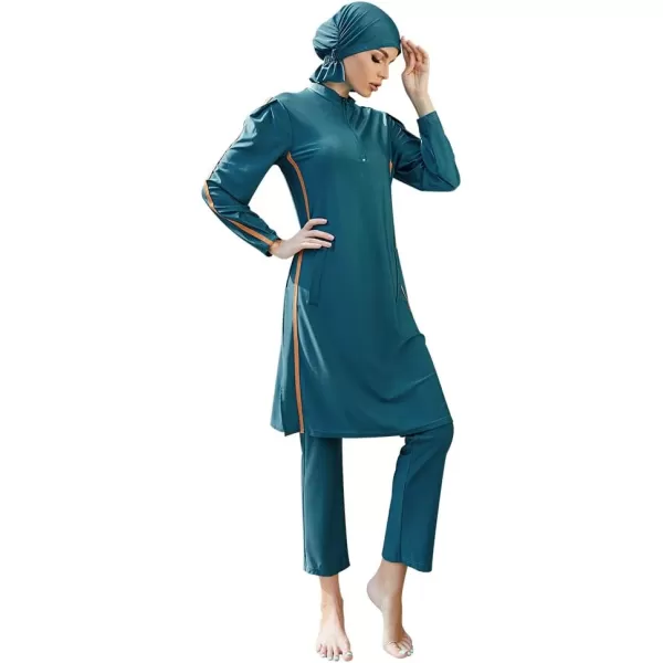 Muslim Swimsuits for Women Modest Islamic Arabic Swimwear Burkini Full Cover Hijab Top Pants Swimming Cap Bathing SuitsLake Blue