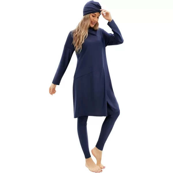 Muslim Swimsuits for Women Modest Islamic Arabic Swimwear Burkini Full Cover Hijab Top Pants Swimming Cap Bathing SuitsNavy Blue