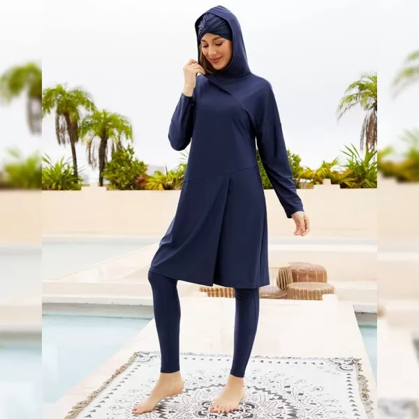 Muslim Swimsuits for Women Modest Islamic Arabic Swimwear Burkini Full Cover Hijab Top Pants Swimming Cap Bathing SuitsNavy Blue