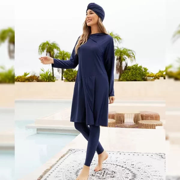 Muslim Swimsuits for Women Modest Islamic Arabic Swimwear Burkini Full Cover Hijab Top Pants Swimming Cap Bathing SuitsNavy Blue